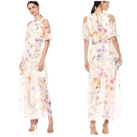NEW Calvin Klein Cold Shoulder floral chiffon Maxi Dress with Self-sash Waist - Picture 3 of 12
